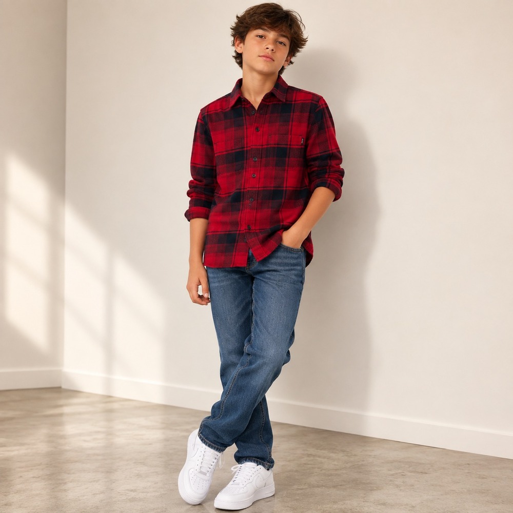 ABERCROMBIE KIDS New Flannel Shirt Button 11/12 Plaid 100% Cotton Red Black
